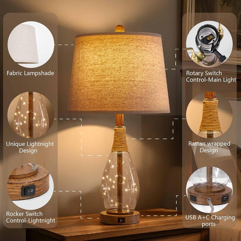 OYEARS Wood-Like Bedside Table Lamp with USB, Farmhouse Nightstand Lamps for Bedroom, Retro Rattan Table Lamps for Night Stands, Living Room, Boho Table Lamp with Glass Nightlight Lamps, Bulb Included - Image 5